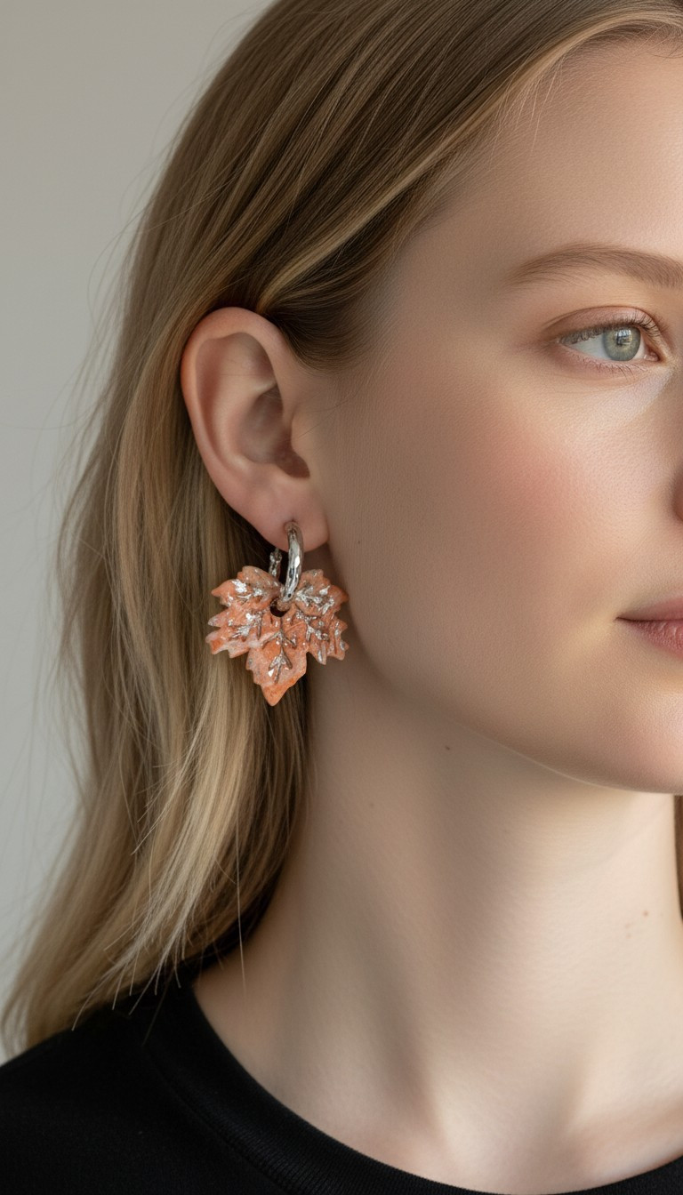 boucles d oreilles interchangeable argile 11 L’Atelier de Patricia - Boucles d'oreilles interchangeable argile feuilles – Marron clair argent