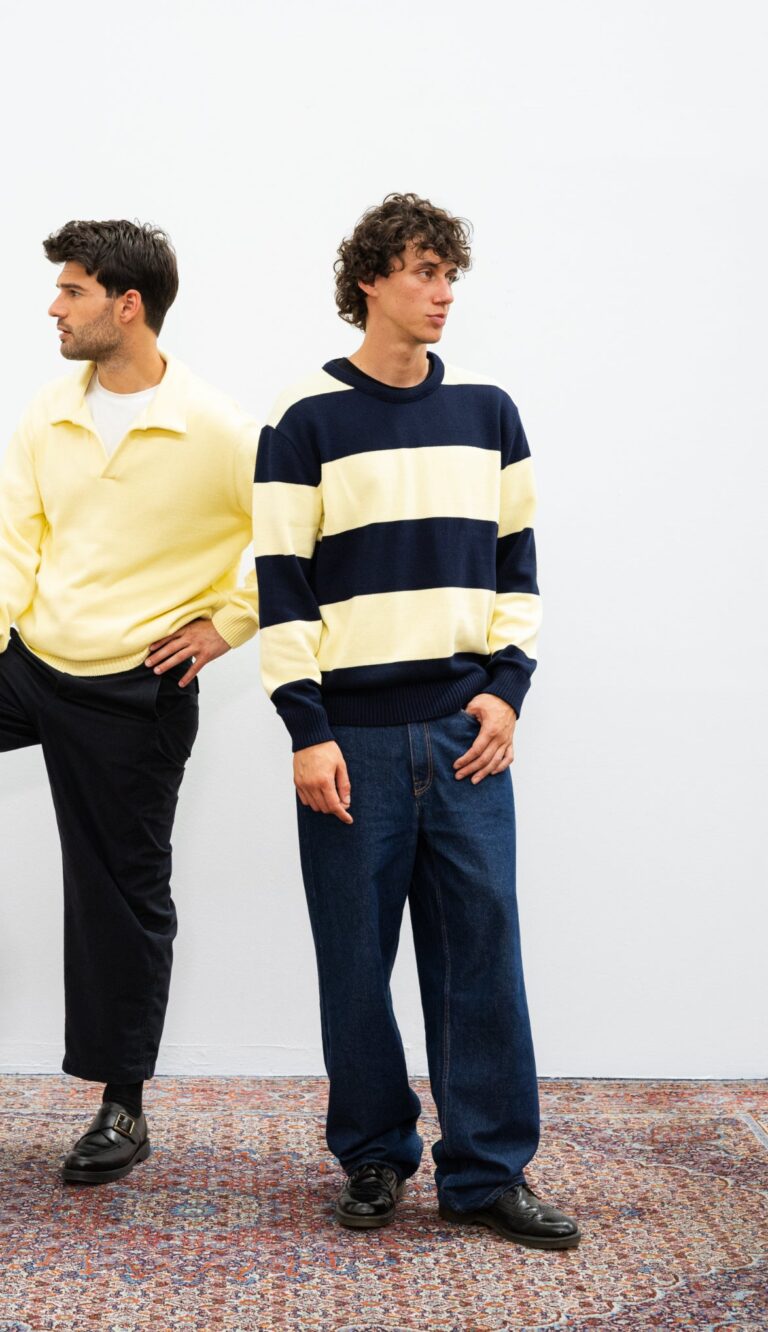 100% Coton Biologique - Col Rond BISCO Navy&Yellow Stripes – S