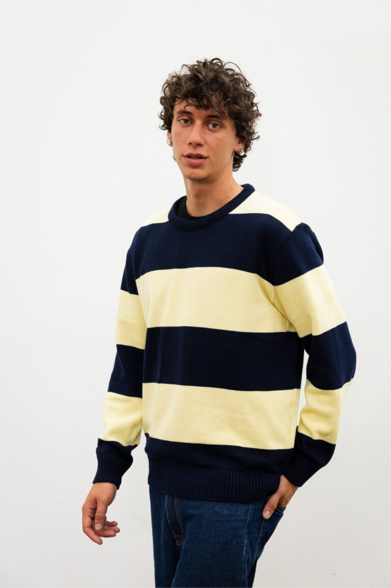 100% Coton Biologique - Col Rond BISCO Navy&Yellow Stripes – S