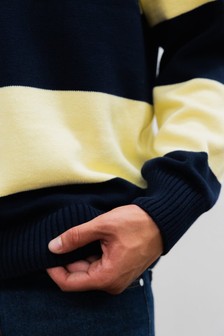 100% Coton Biologique - Col Rond BISCO Navy&Yellow Stripes – S