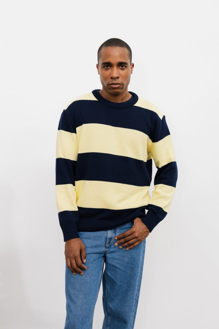 100% Coton Biologique - Col Rond BISCO Navy&Yellow Stripes – S