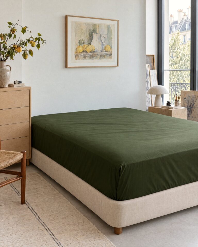 Dejorine - Drap housse en Percale de coton - Vert sapin – 200x200cm / Bonnet 40cm