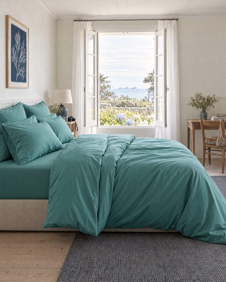 Dejorine - Drap housse en Percale de coton - Emeraude – 200x200cm / Bonnet 40cm