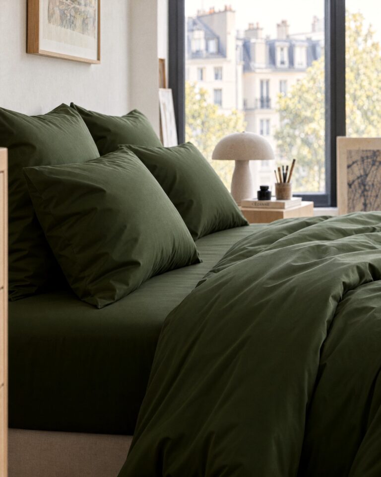 Dejorine - Drap housse en Percale de coton - Vert sapin – 200x200cm / Bonnet 40cm