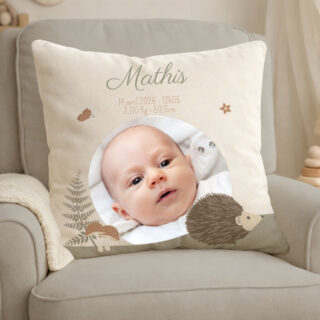 L&rsquo;Atelier BABY&rsquo;SPHERE - Coussin photo naissance – Petit hérisson & forêt enchantée