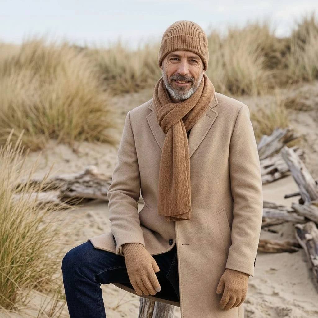 ensemble bonnet echarpe gants laine merinos homme camel aubrac palaba PALÂBA - Ensemble pure laine mérinos homme : bonnet