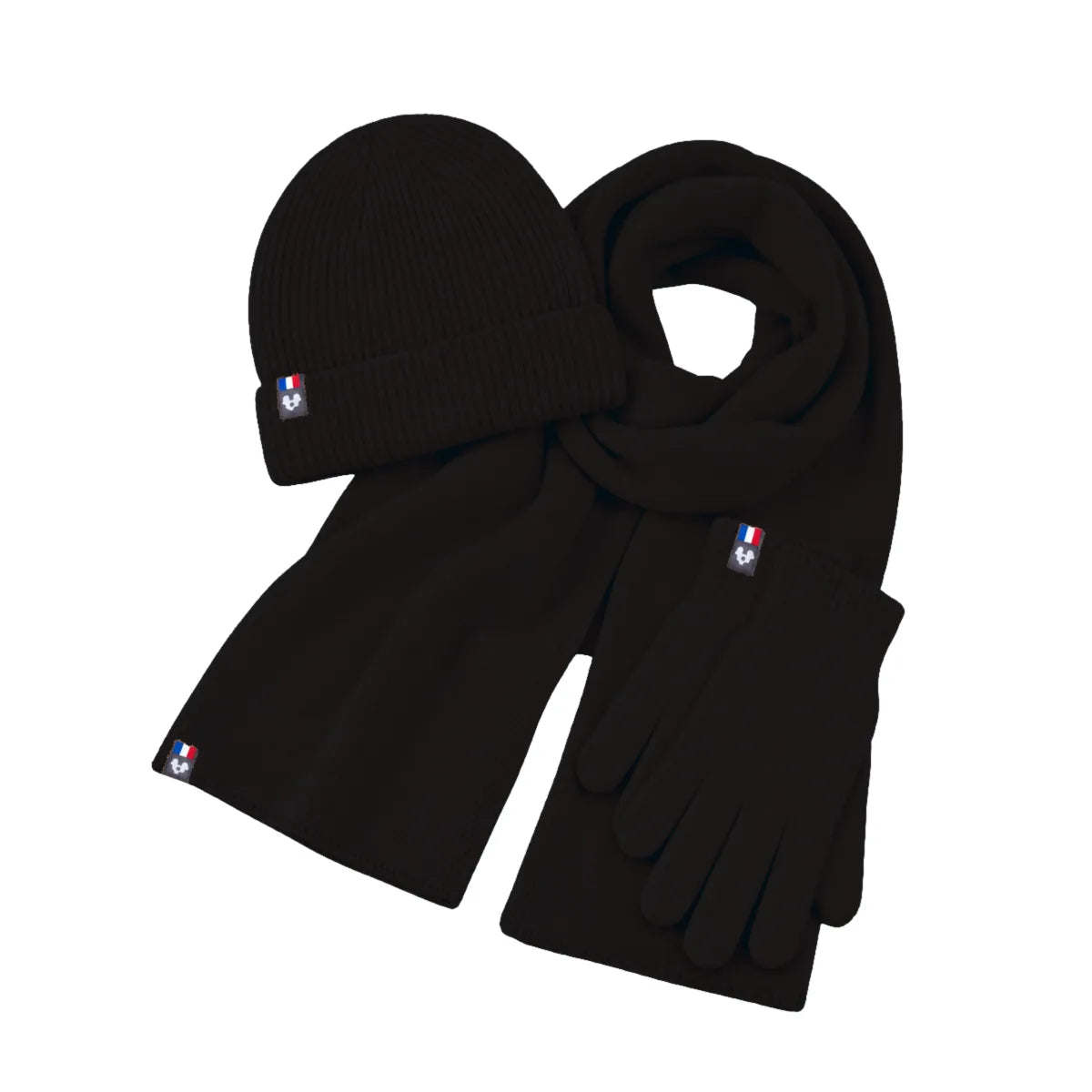 ensemble laine merinos bonnet echarpe gants noir val disere a plat palaba PALÂBA - Ensemble pure laine mérinos femme : bonnet