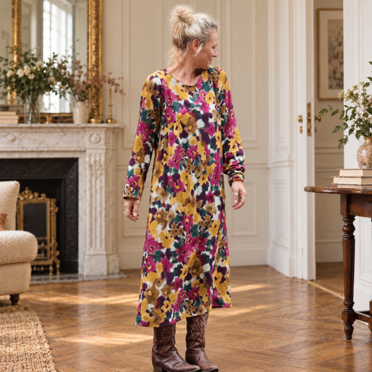 Quintessence - Robe Perrine — Viscose imprimée Brume de grenat – XXL