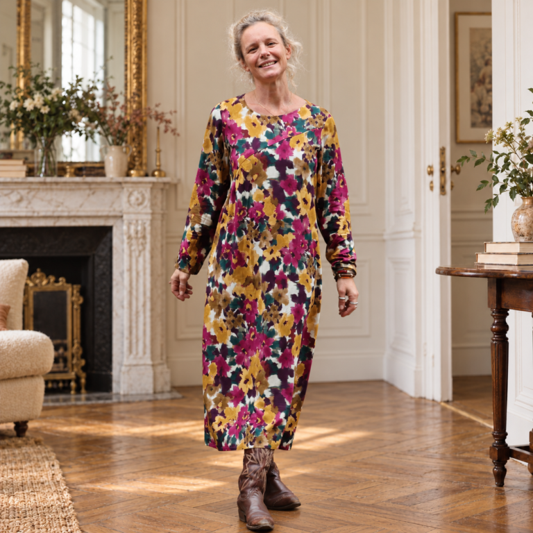 Quintessence - Robe Perrine — Viscose imprimée Brume de grenat – XXL