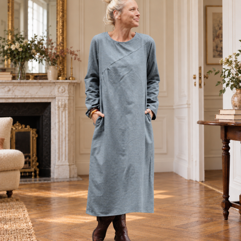 Quintessence - Robe Perrine — Flanelle de coton carreaux grisés – XXL