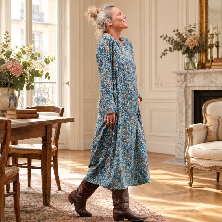 Quintessence - Robe Perrine — Viscose imprimée Esquisse azur – XXL