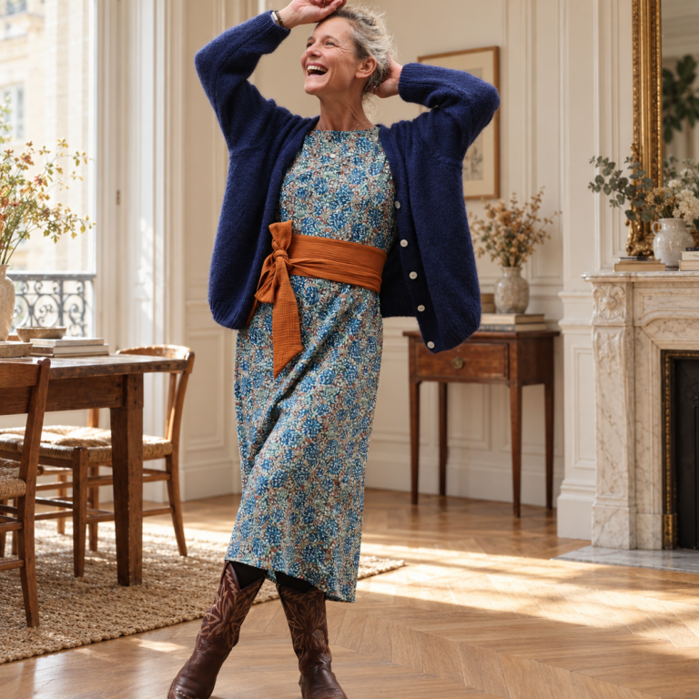 Quintessence - Robe Perrine — Viscose imprimée Esquisse azur – XXL