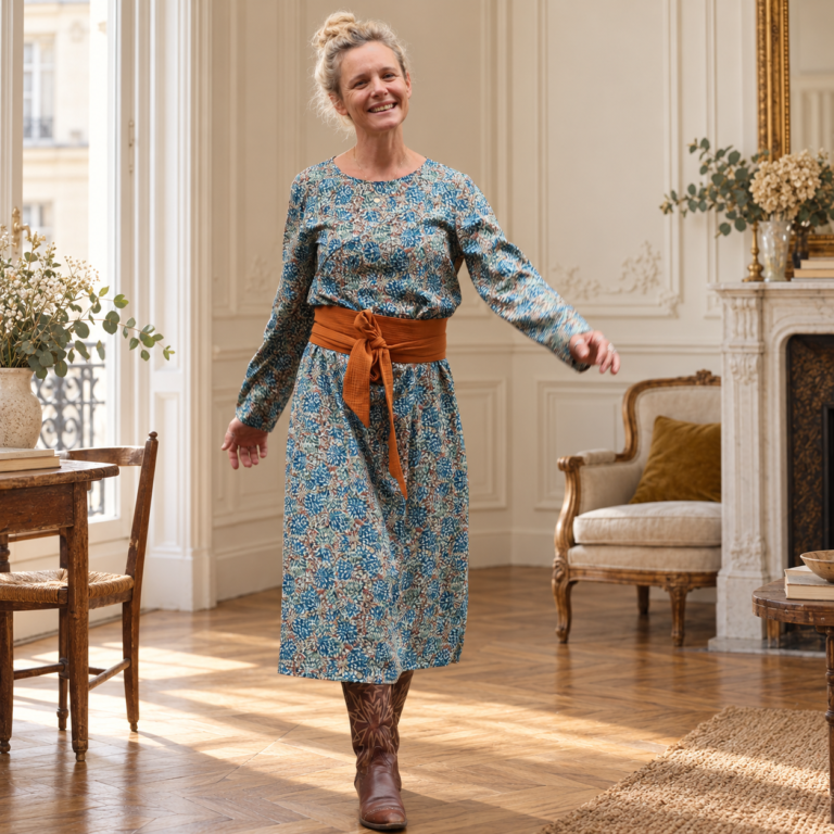 Quintessence - Robe Perrine — Viscose imprimée Esquisse azur – XXL