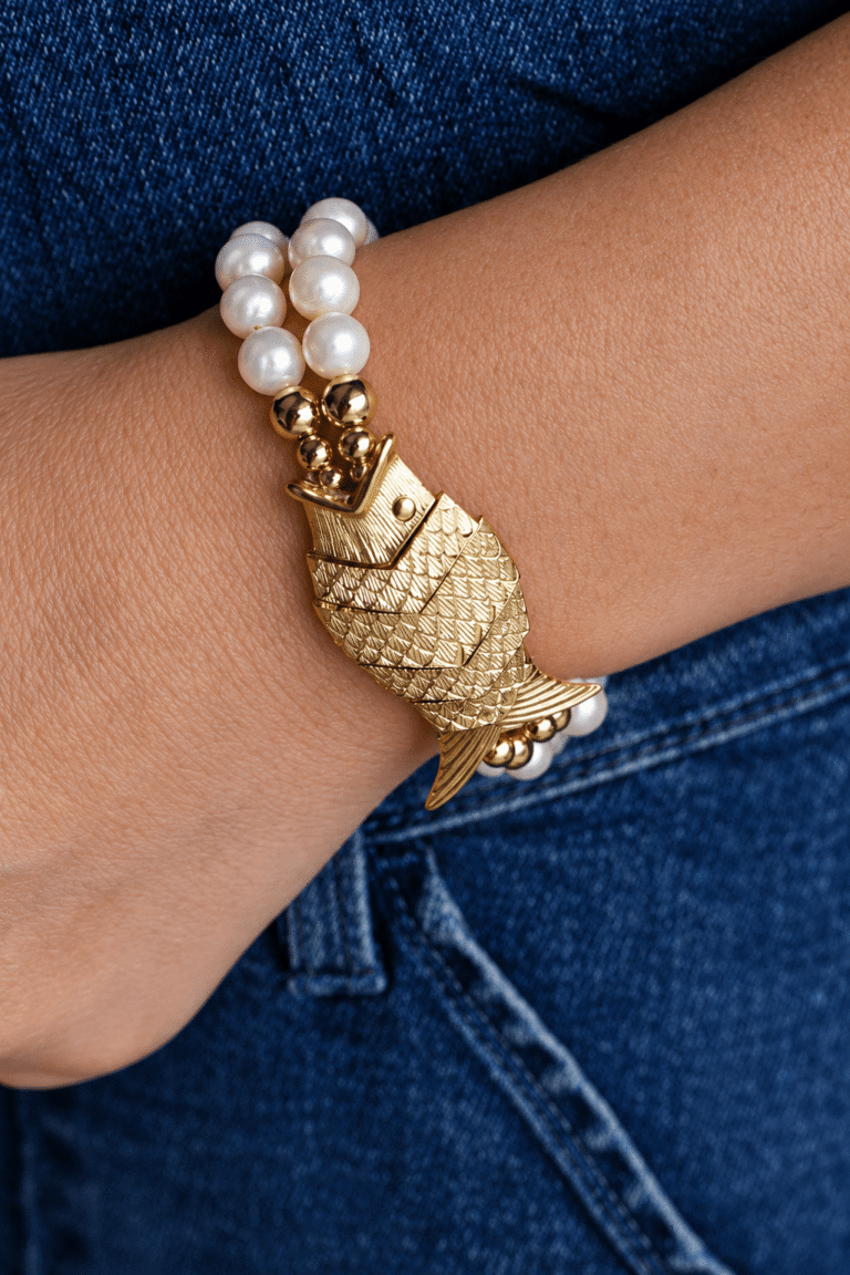 NEIJE - Bracelet Poisson Gefilte Perles de Culture Blanches et Or – 19 cm