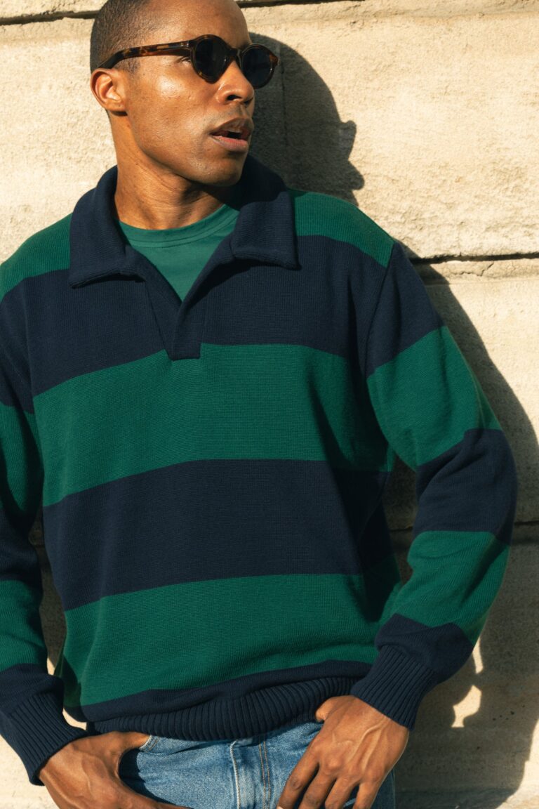 100% Coton Biologique - Polo Manches longues COTI Stripes Navy Forest – XL