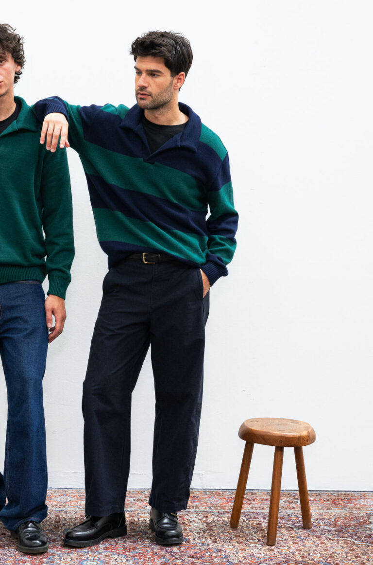 100% Coton Biologique - Polo Manches longues COTI Stripes Navy Forest – XL