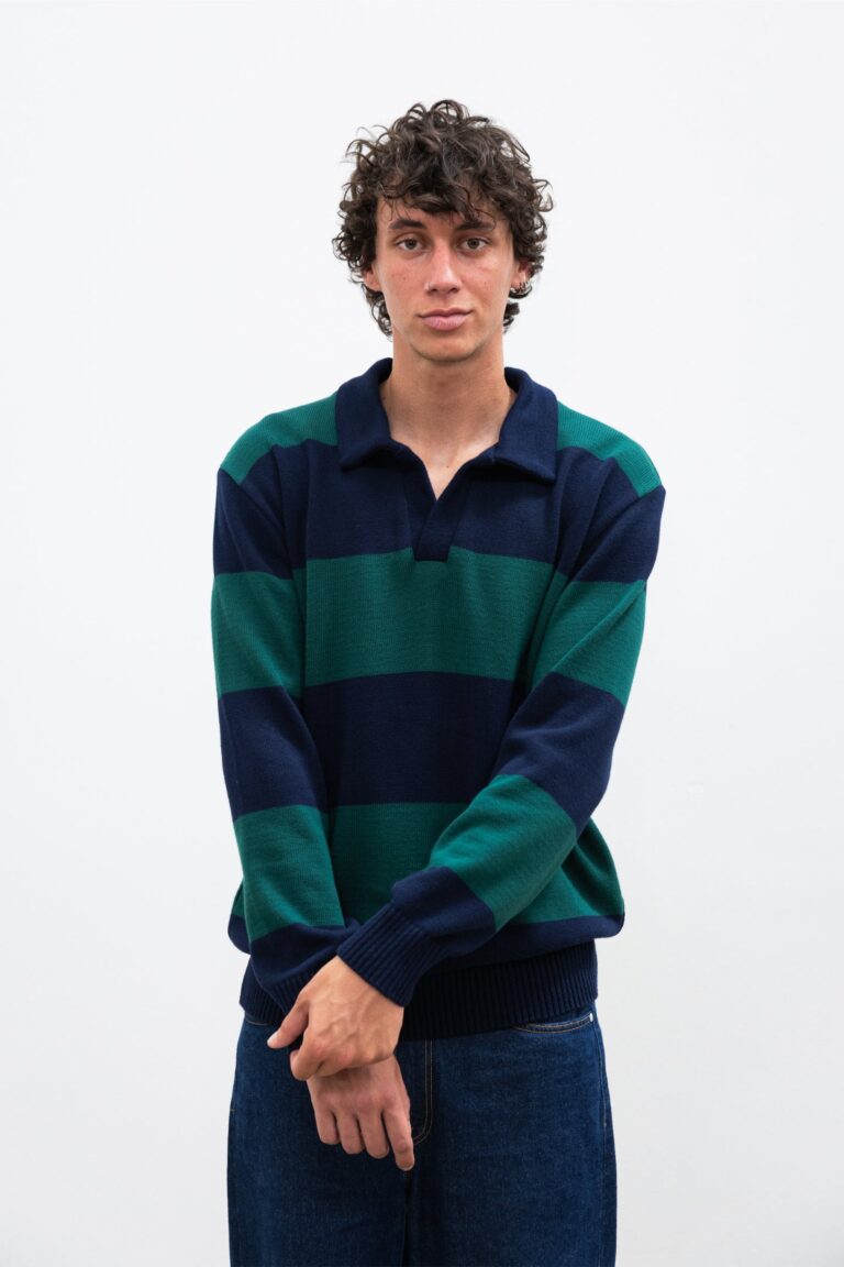 100% Coton Biologique - Polo Manches longues COTI Stripes Navy Forest – XL