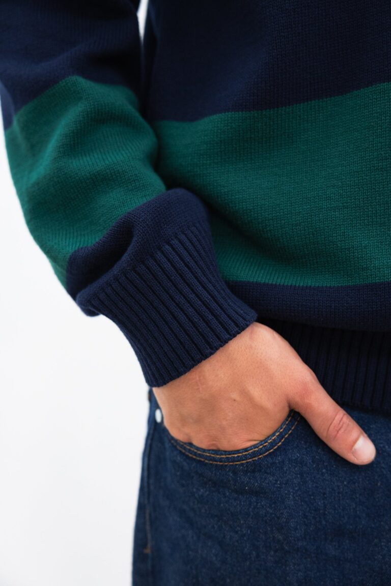 100% Coton Biologique - Polo Manches longues COTI Stripes Navy Forest – XL