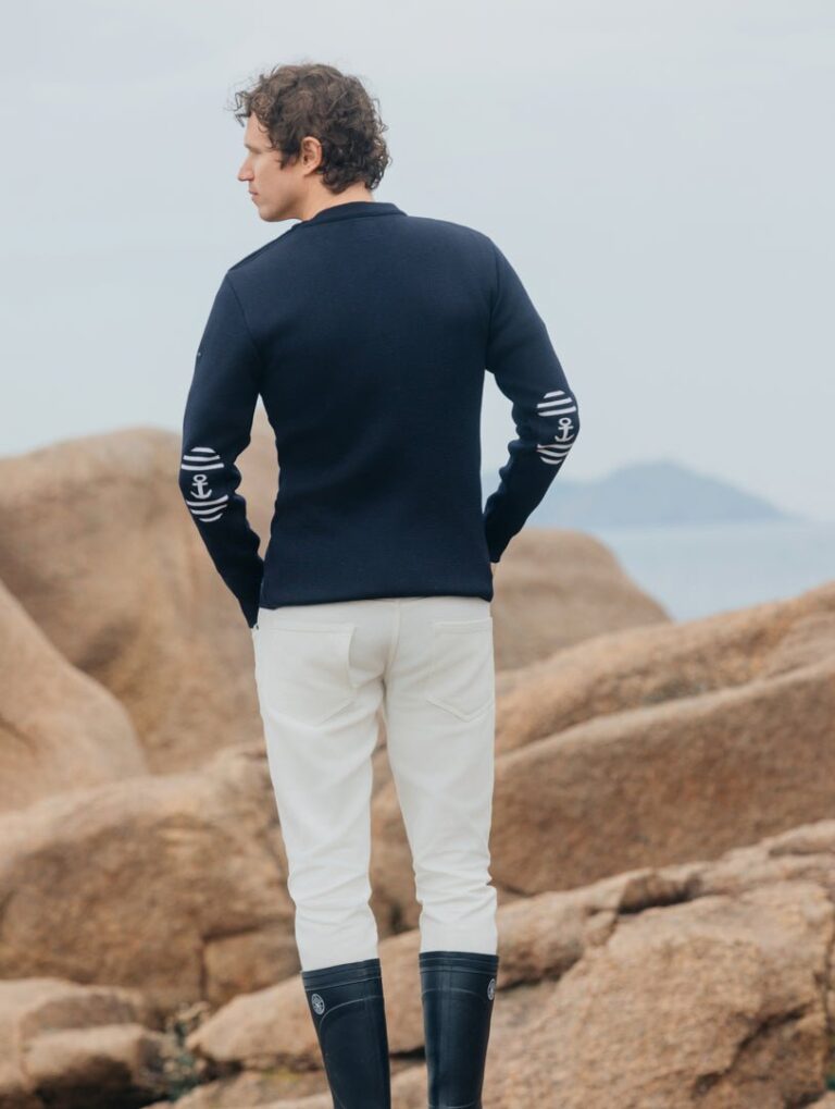 pull a coudieres ancre rayee bleu marine 2656994 Baie des Caps - Pull marin homme à coudières Ancre rayée — 100 % laine vierge – Bleu Marine / Confort / 3XL