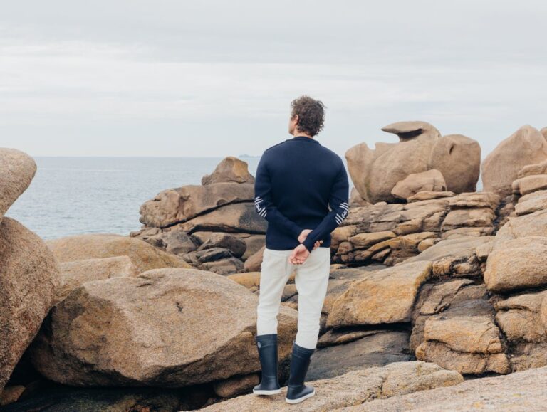 Baie des Caps - Pull marin homme à coudières Ancre rayée — 100 % laine vierge – Bleu Marine / Confort / 3XL