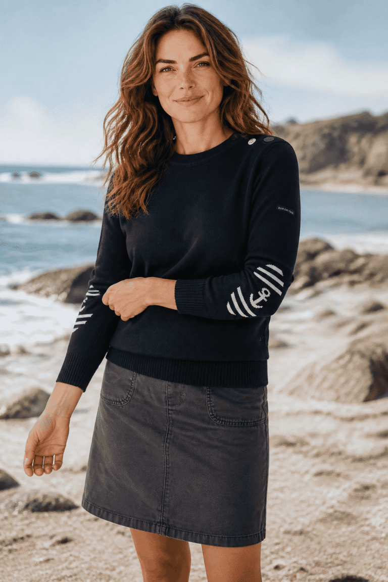 Baie des Caps - Pull marin femme à coudières Ancre rayée — 100 % laine vierge – Bleu Marine / Ajusté / XL