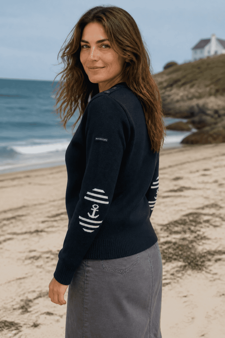 Baie des Caps - Pull marin femme à coudières Ancre rayée — 100 % laine vierge – Bleu Marine / Ajusté / XL