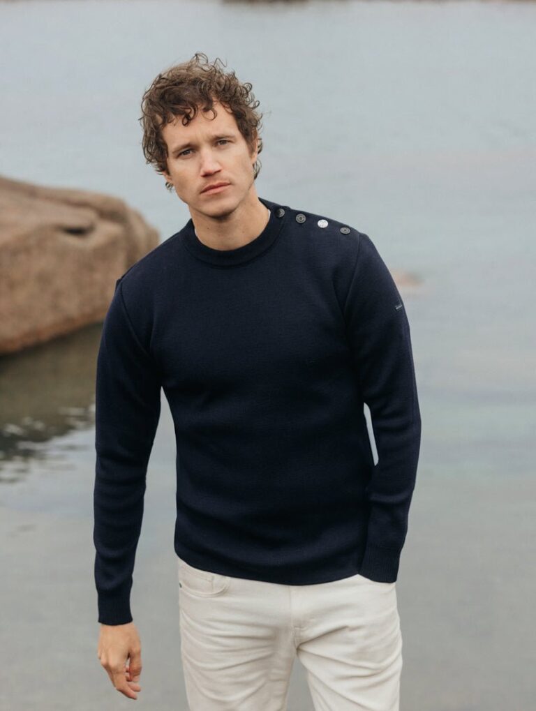 Baie des Caps - Pull marin homme à coudières Ancre rayée — 100 % laine vierge – Bleu Marine / Confort / 3XL