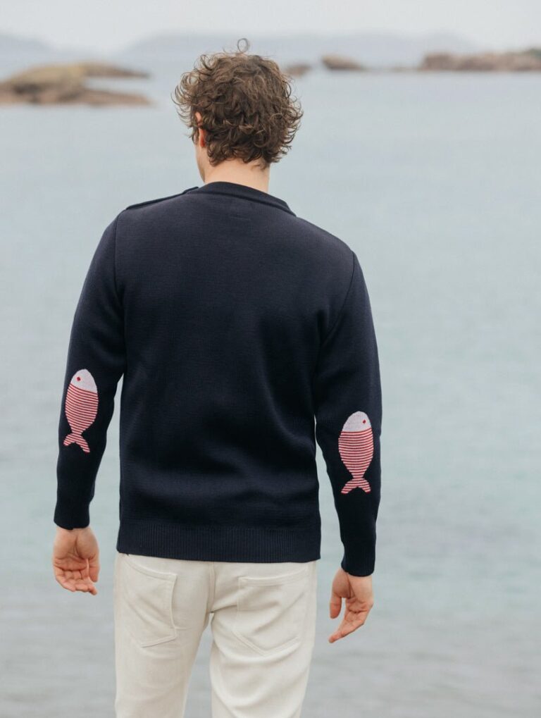 Baie des Caps - Pull marin homme laine vierge à coudières Poisson rayé - Baie des Caps – Bleu Marine / Confort / XXS