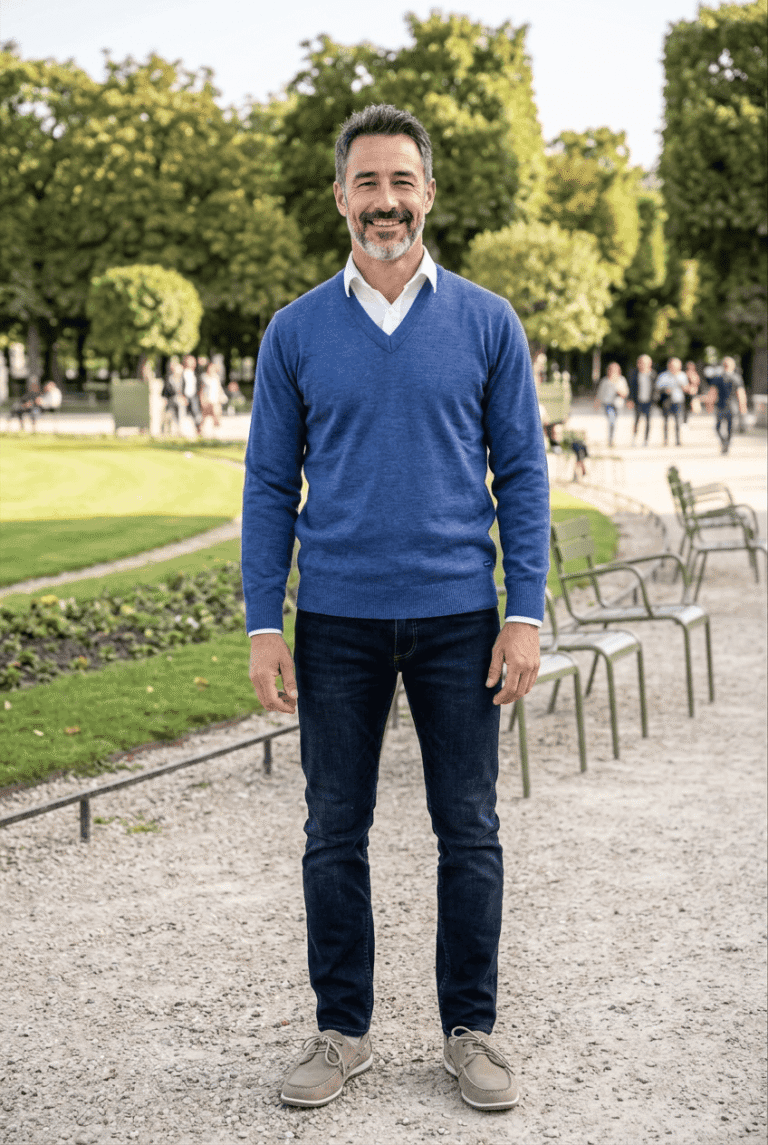 Baie des Caps - Pull col V "Helice" 50 % laine – Vert sapin / XL