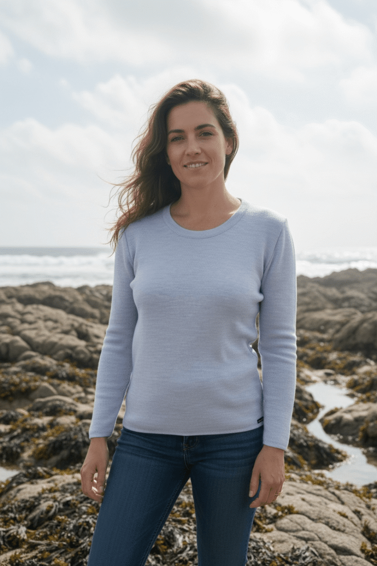 Baie des Caps - Pull femme Roscoff – 100% laine mérinos – Bleu lagon / 6 (XXL)