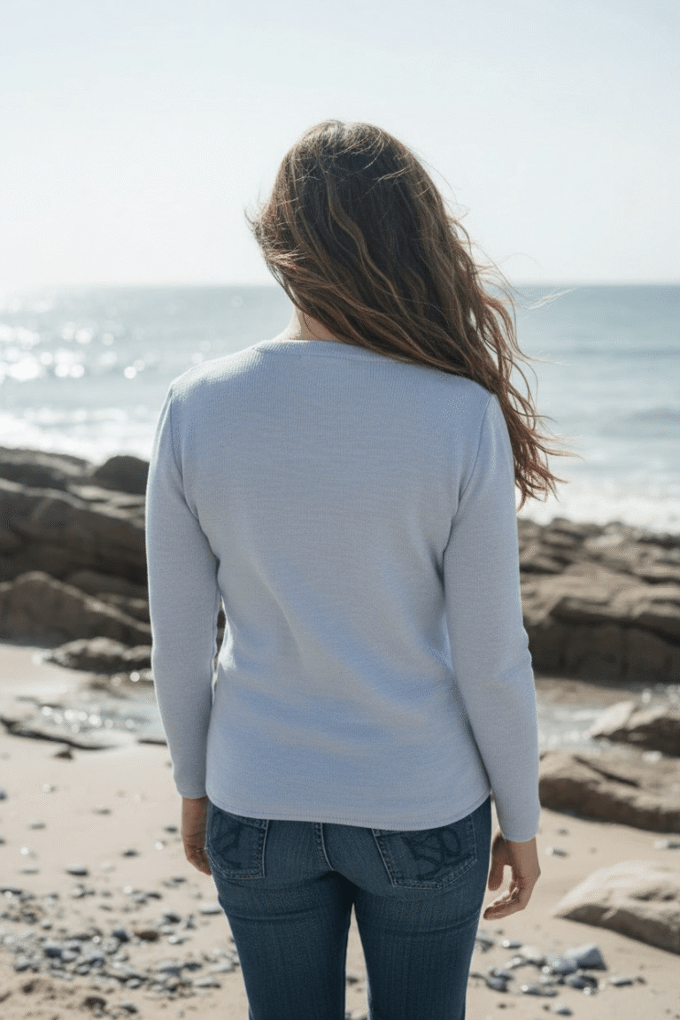 Baie des Caps - Pull femme Roscoff – 100% laine mérinos – Bleu glacier / 6 (XXL)
