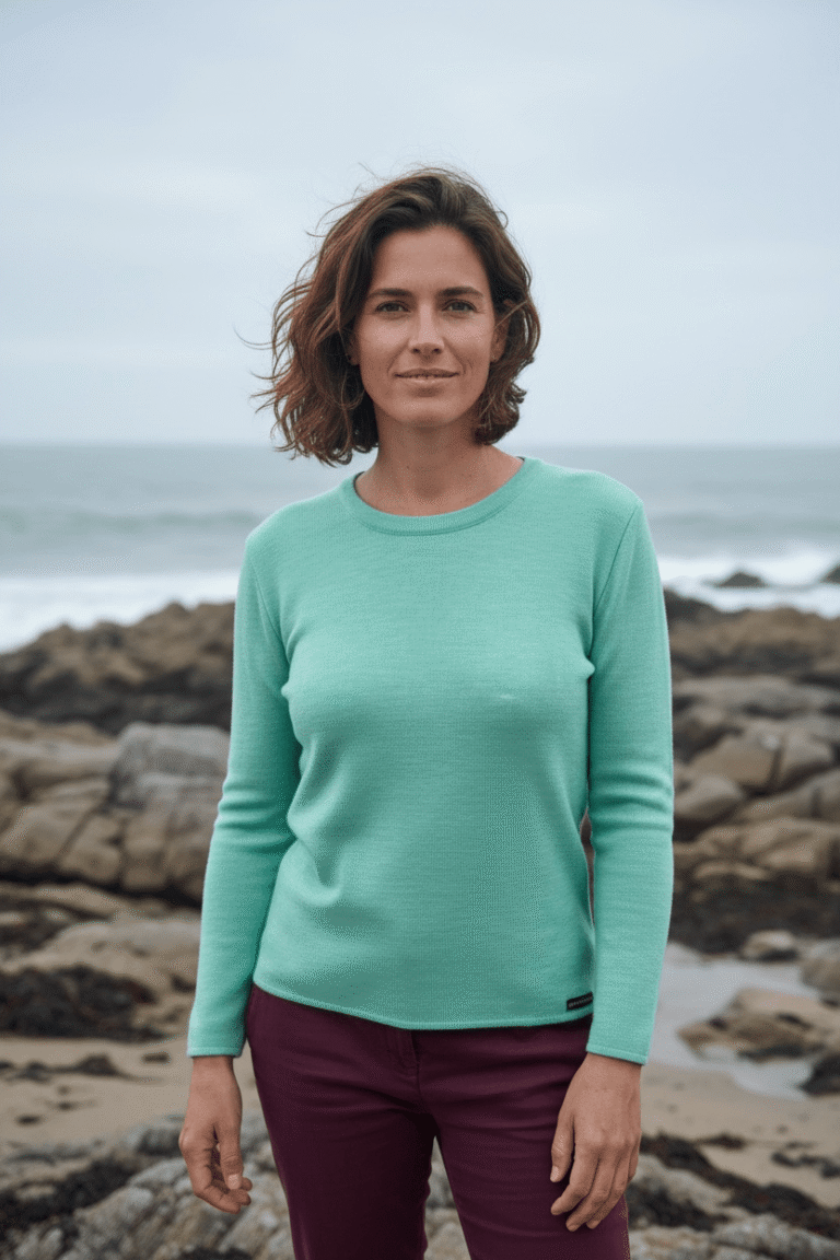 Baie des Caps - Pull femme Roscoff – 100% laine mérinos – Bleu glacier / 6 (XXL)