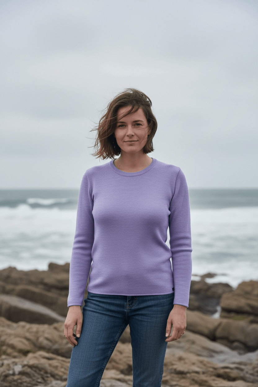 pull femme roscoff 100 laine merinos lavande 8222976 Baie des Caps - Pull femme Roscoff – 100% laine mérinos – Bleu glacier / 6 (XXL)