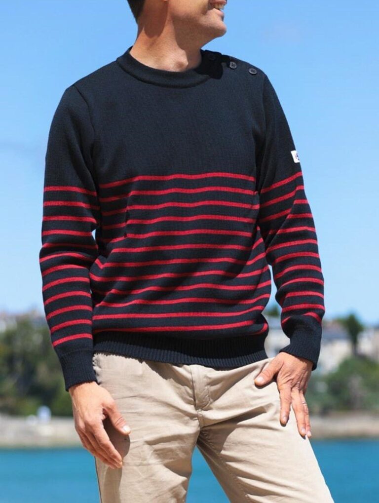 Baie des Caps - Pull marin Erquy 50% laine mérinos — doux et facile d'entretien – Marine Rouge / 4XL
