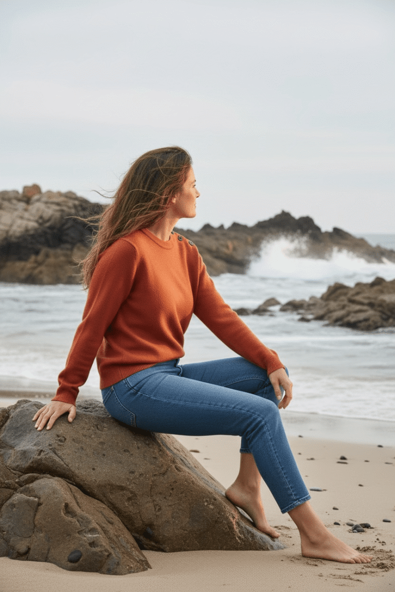 Baie des Caps - Pull marin Erquy laine vierge — Coupe ample femme – Rouille / XL