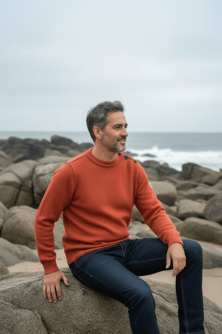 Baie des Caps - Pull marin Erquy laine vierge — Coupe ample homme – Rouille / XL
