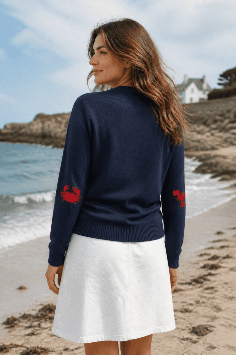 Baie des Caps - Pull marin femme laine coudières Homard & Crabe — Baie des Caps – Bleu Marine / Ajustée / XL