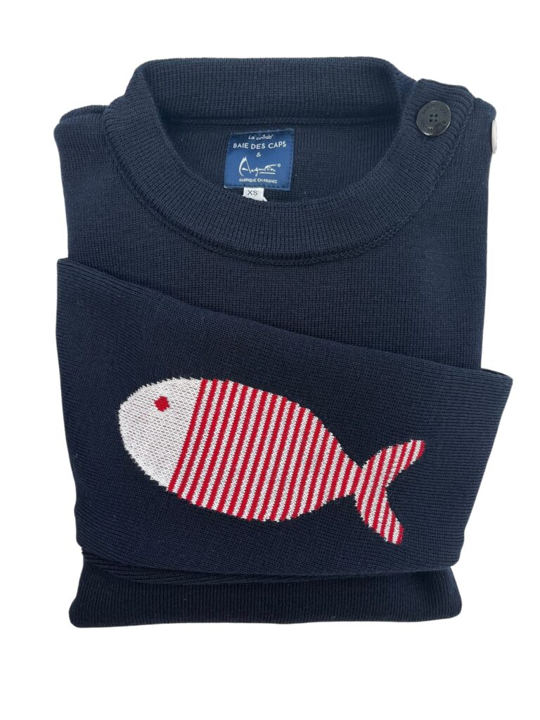 Baie des Caps - Pull marin laine vierge à coudières Poisson rayé - Baie des Caps – Marine / Confort / XL