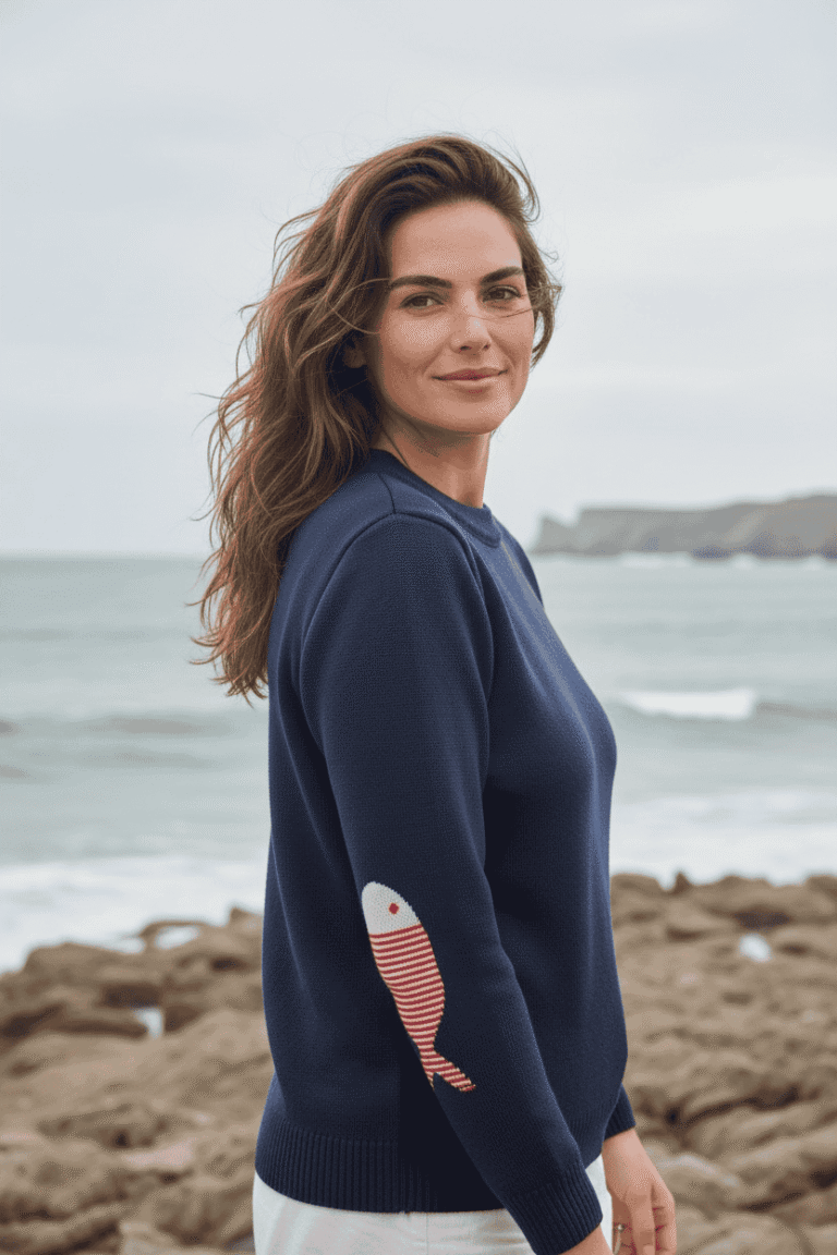 Baie des Caps - Pull marin laine vierge à coudières Poisson rayé - Baie des Caps – Marine / Ajusté / XL