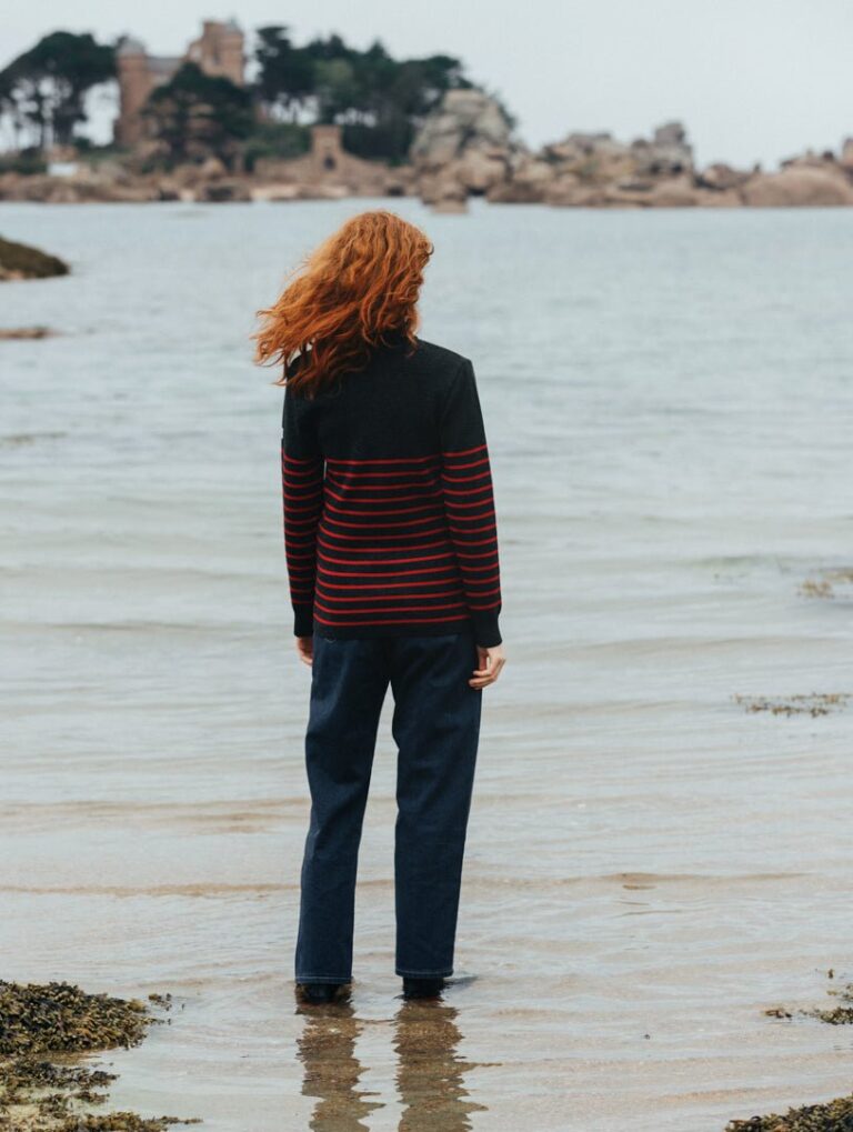Baie des Caps - Pull marin femme Petit Erquy 100% laine vierge Bretagne – Anthracite Rouge / 5 (XL)