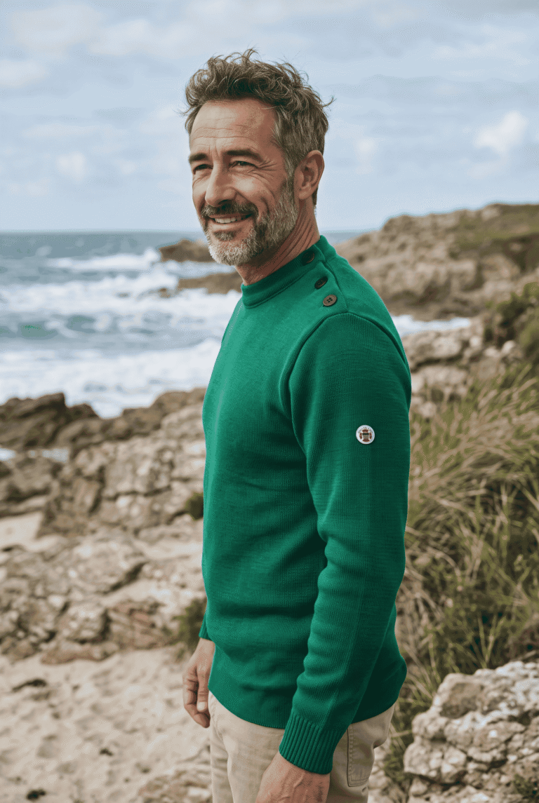 Baie des Caps - Pull marin Petit Erquy – Laine mérinos et rayures bretonnes – Vert vif / 5 (XL)