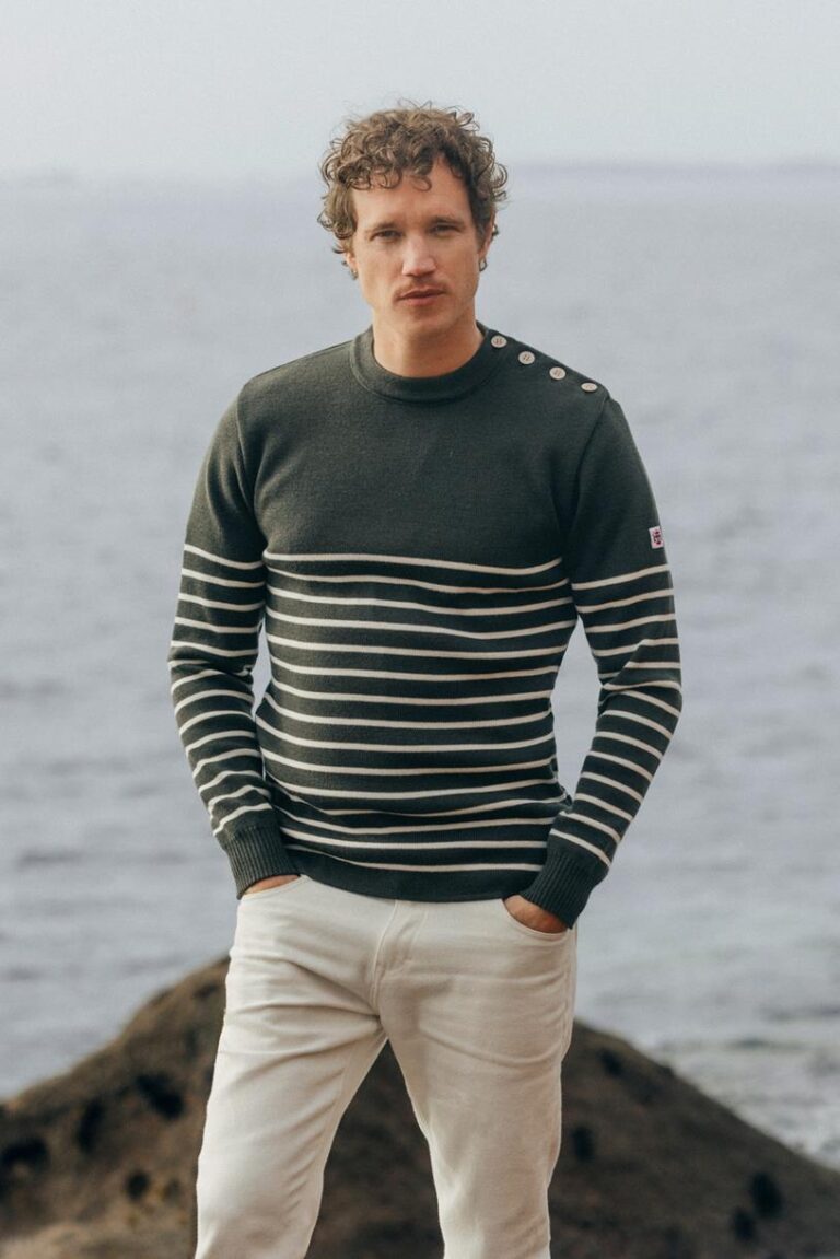 Baie des Caps - Pull marin homme Petit Erquy rayé — 100 % laine – Marine Emeraude / 1 (XS)