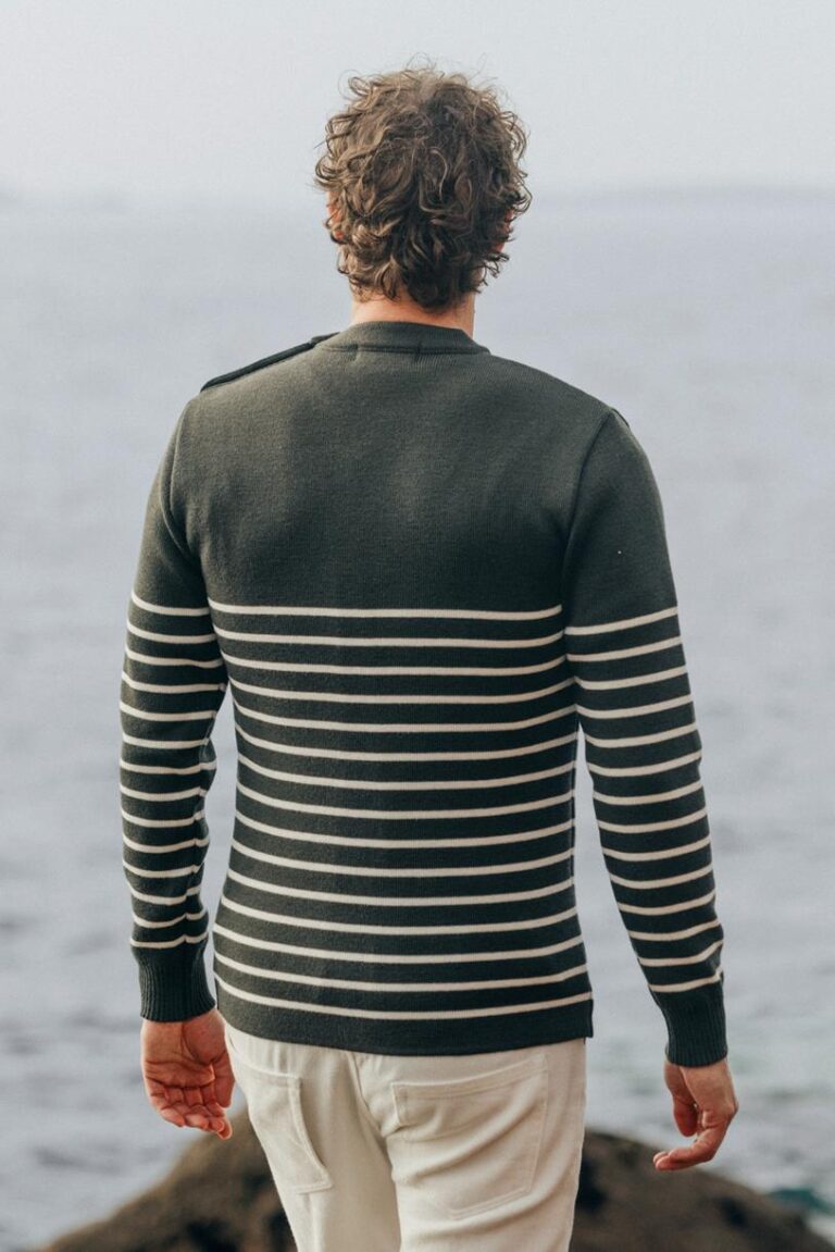 Baie des Caps - Pull marin homme Petit Erquy rayé — 100 % laine – Marine Emeraude / 1 (XS)