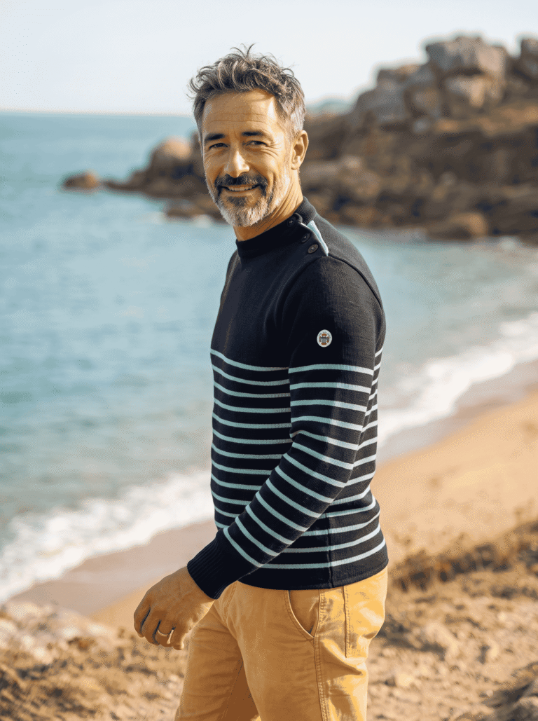 Baie des Caps - Pull marin homme Petit Erquy rayé — 100 % laine – Marine Emeraude / 1 (XS)