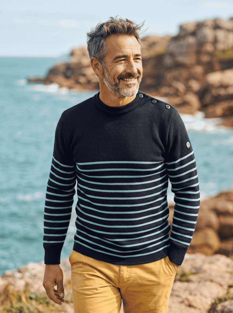 Baie des Caps - Pull marin homme Petit Erquy rayé — 100 % laine – Kaki Ecru / 6 (XXL)