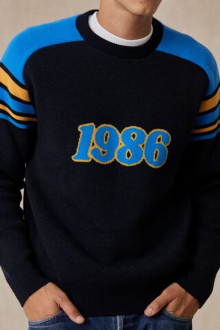 Pull 1986 bleu et jaune pour homme par la marque Le Minor Le Minor - Pull 1986 bleu et jaune pour homme