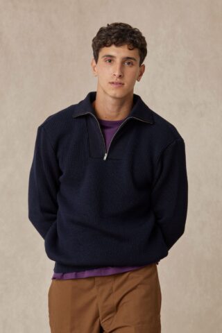Pull camionneur bleu marine pour homme en laine vierge par la marque Le Minor Le Minor - Pull camionneur bleu marine pour homme en laine vierge